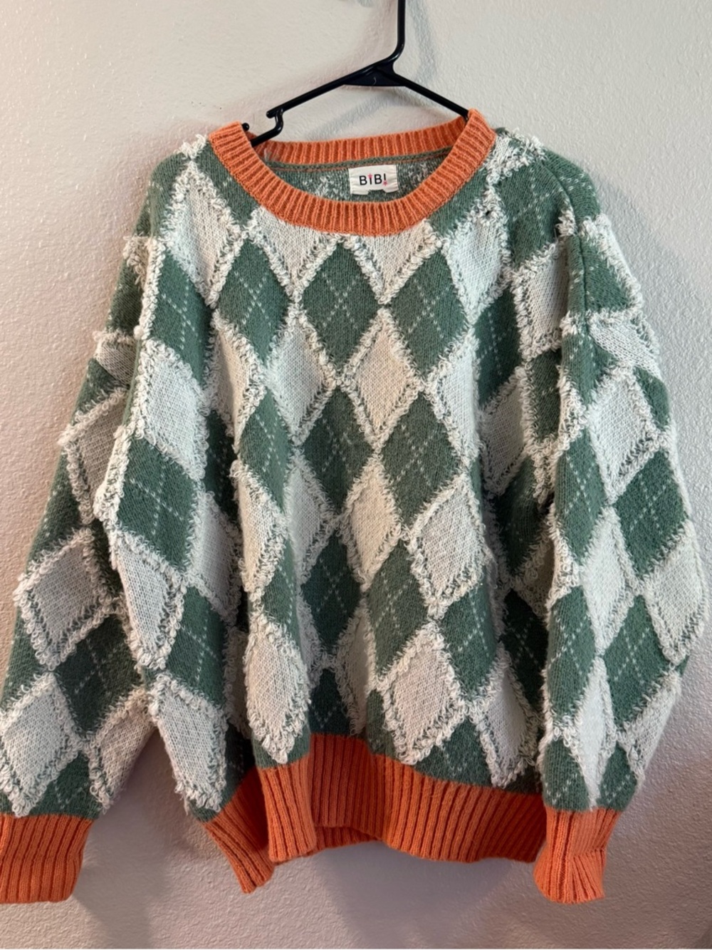 BiBi Green & Cream Argyle Crewneck Sweater with Orange Trim